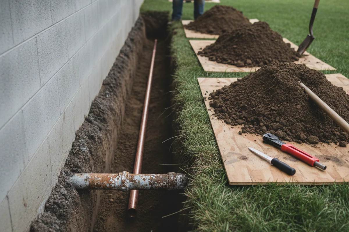 Excavated water line trench during Sewer Line Repair in Jacksons Gap